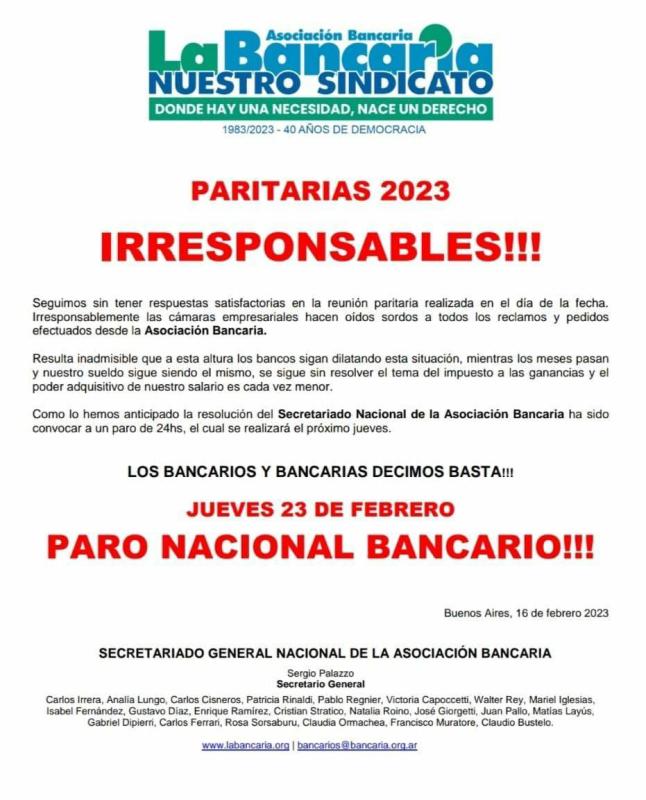 La Asociación Bancaria realizará un paro nacional de 24 horas